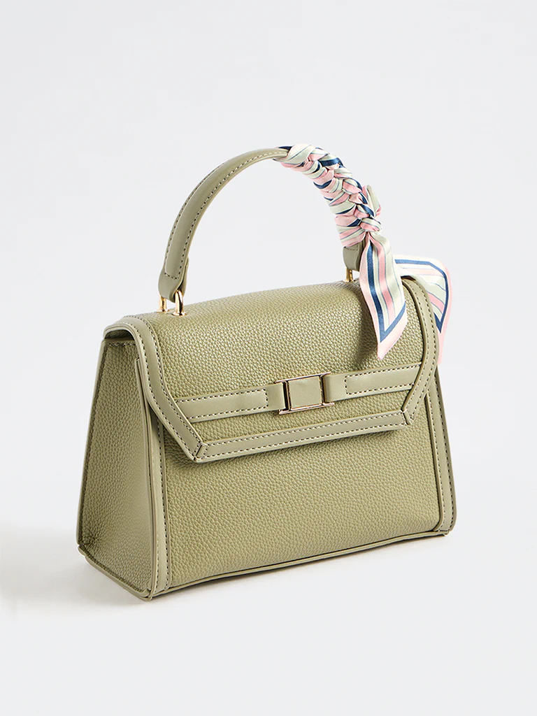 Westside Olive Textured Satchel Bag with a Scarf - Image 2