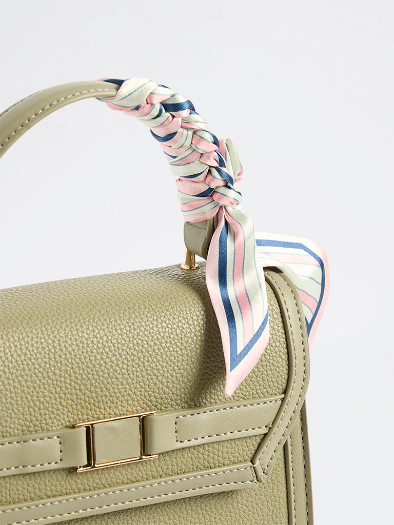 Westside Olive Textured Satchel Bag with a Scarf - Image 3