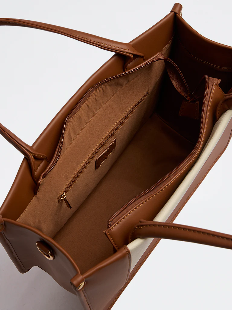 Westside Tan Colour-Blocked Tote Bag with Sling - Image 2