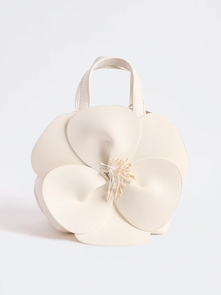 Westside White Floral Embellished Handbag with a Pouch
