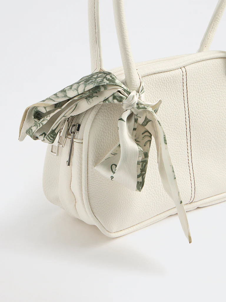 Westside White Textured Shoulder Bag with a Scarf - Image 3