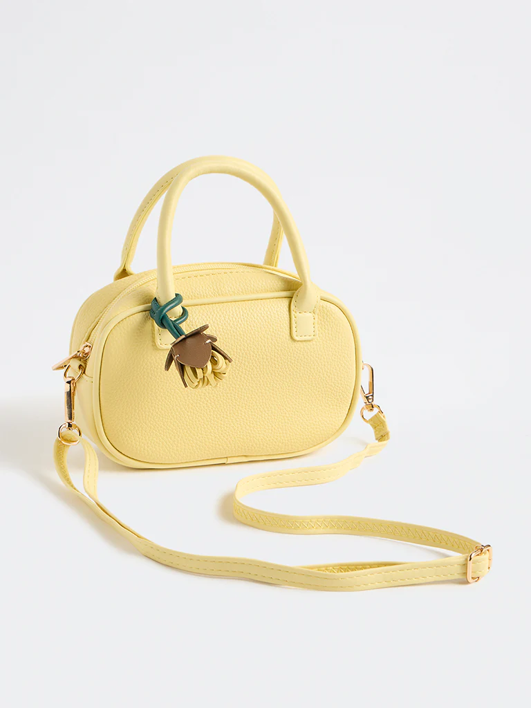 Westside Yellow Textured Sling Bag with a Floral Bag Charm - Image 2
