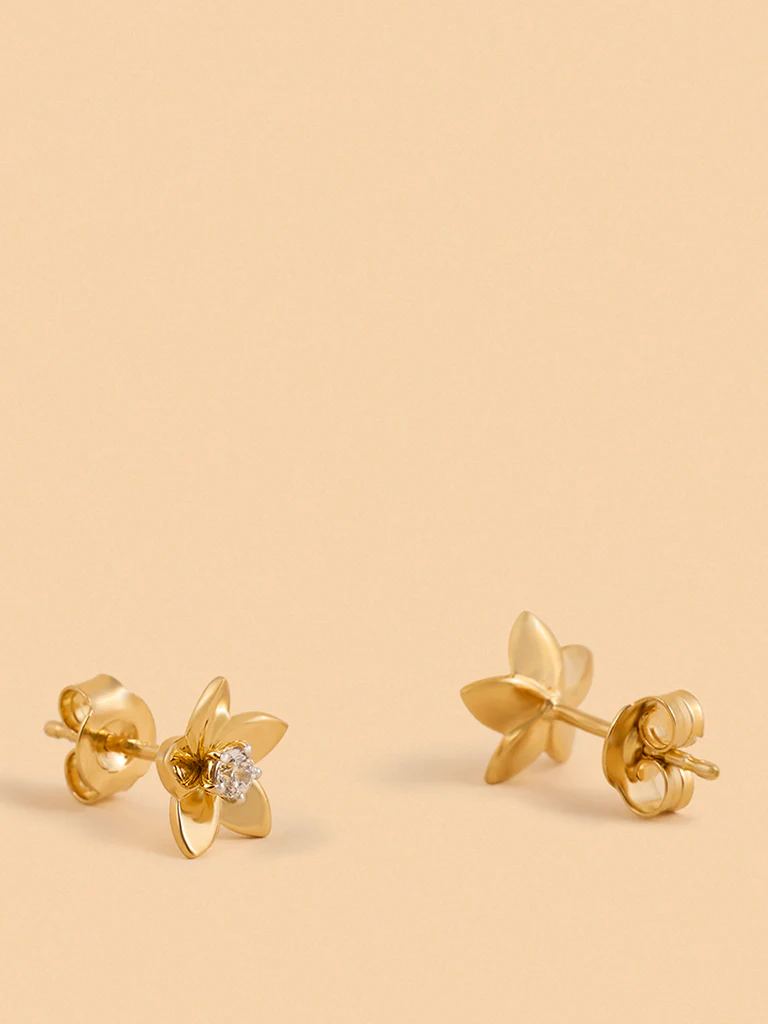 Gold Floral Solitaire Earrings - Image 3
