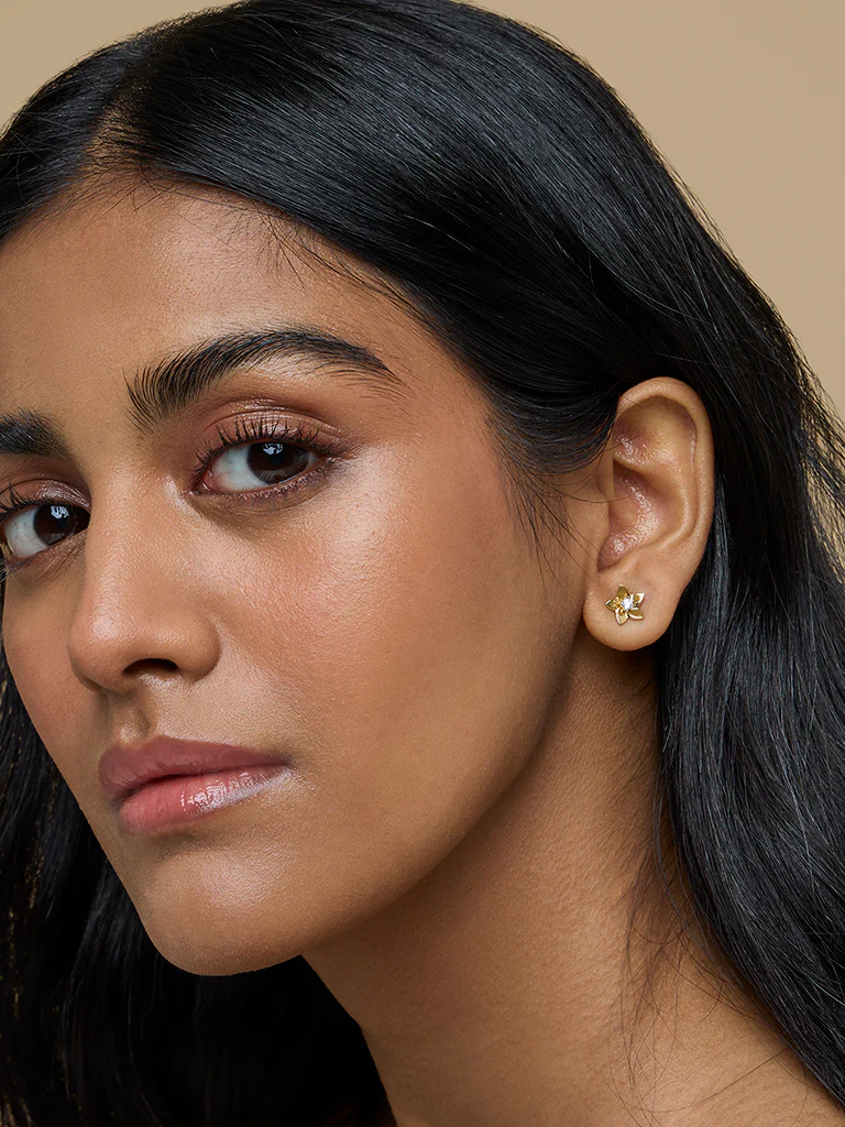 Gold Floral Solitaire Earrings - Image 6
