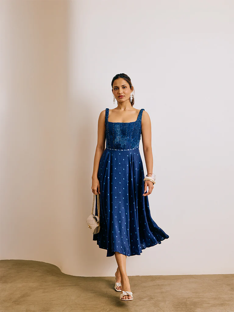 Bandhani Print Midi Dress - Blue