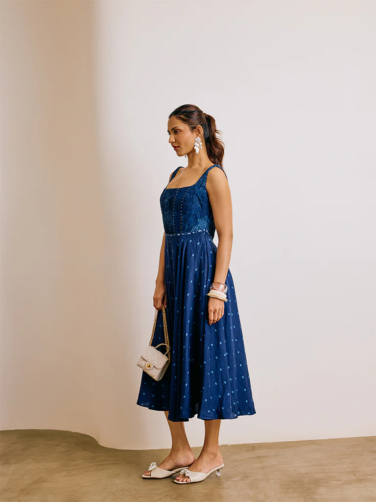 Bandhani Print Midi Dress - Blue - Image 2