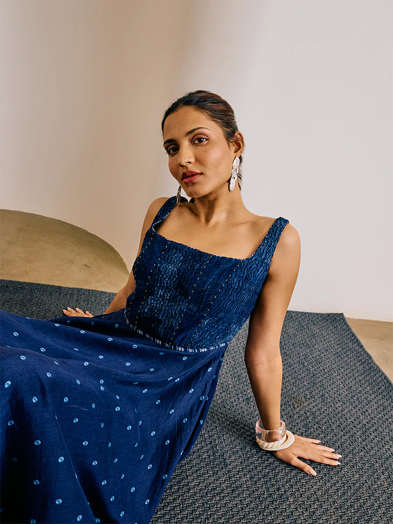 Bandhani Print Midi Dress - Blue - Image 3