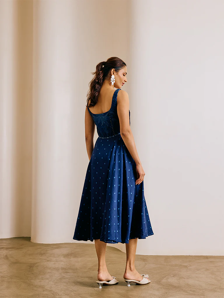 Bandhani Print Midi Dress - Blue - Image 4