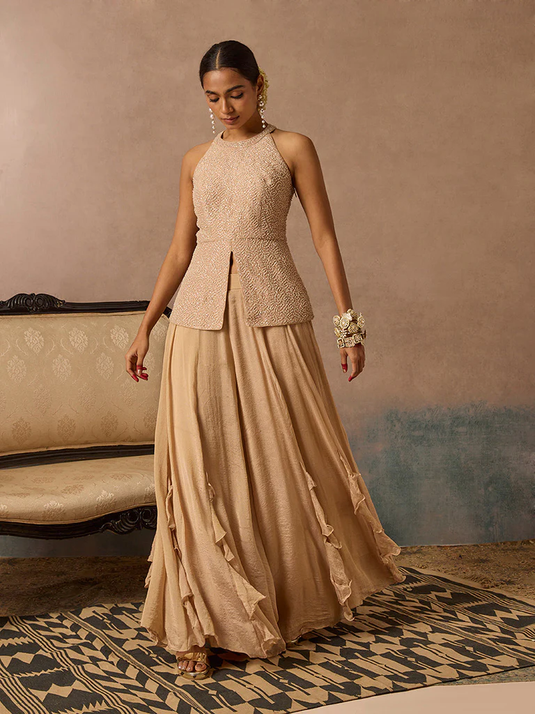 Embellished Beige Top with Pants Set - Image 2