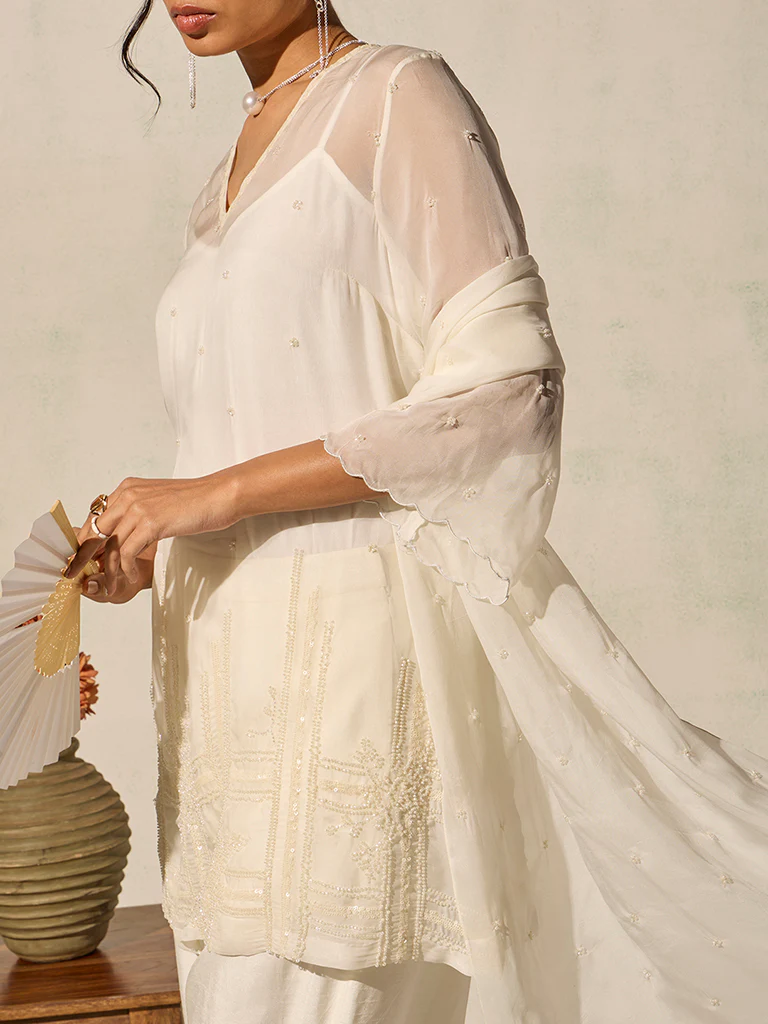 Embellished Kurta Set - Cream - Image 3