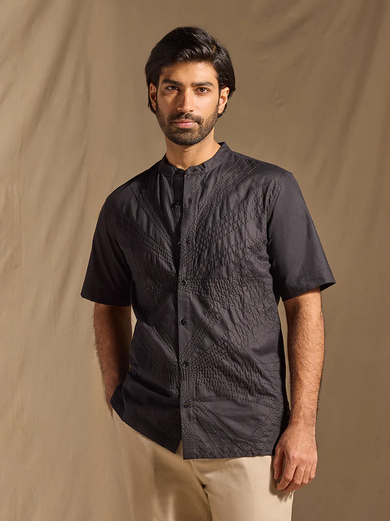 Embroidered Cotton Shirt - Black - Image 2