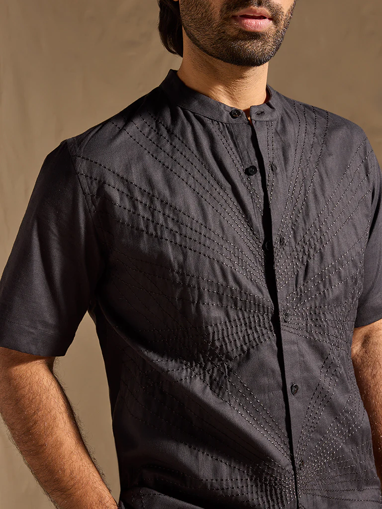 Embroidered Cotton Shirt - Black - Image 3