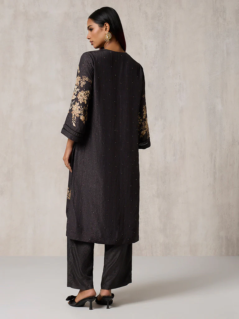 Floral Design Black Kurta Set - Image 5