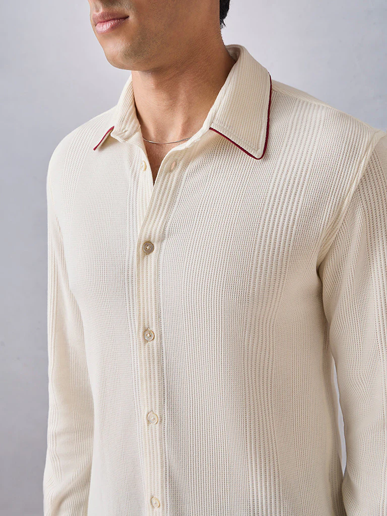 Knit-Textured Cream Shirt - Image 3