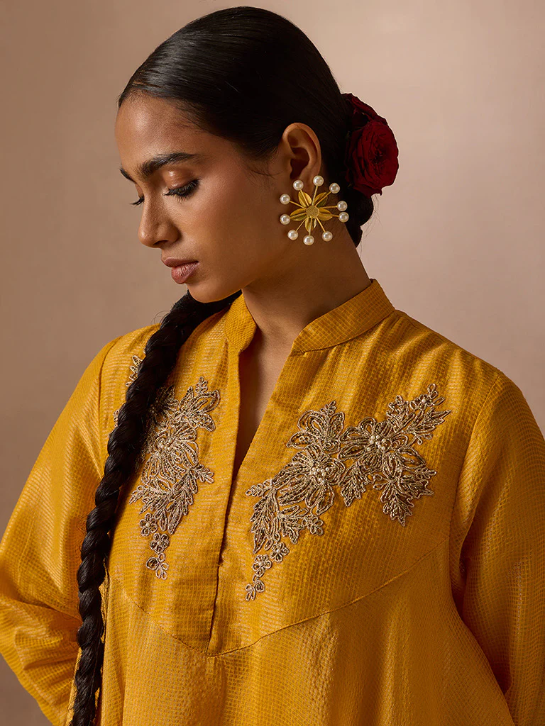 Mustard Embroidered Asymmetric Kurta - Image 3