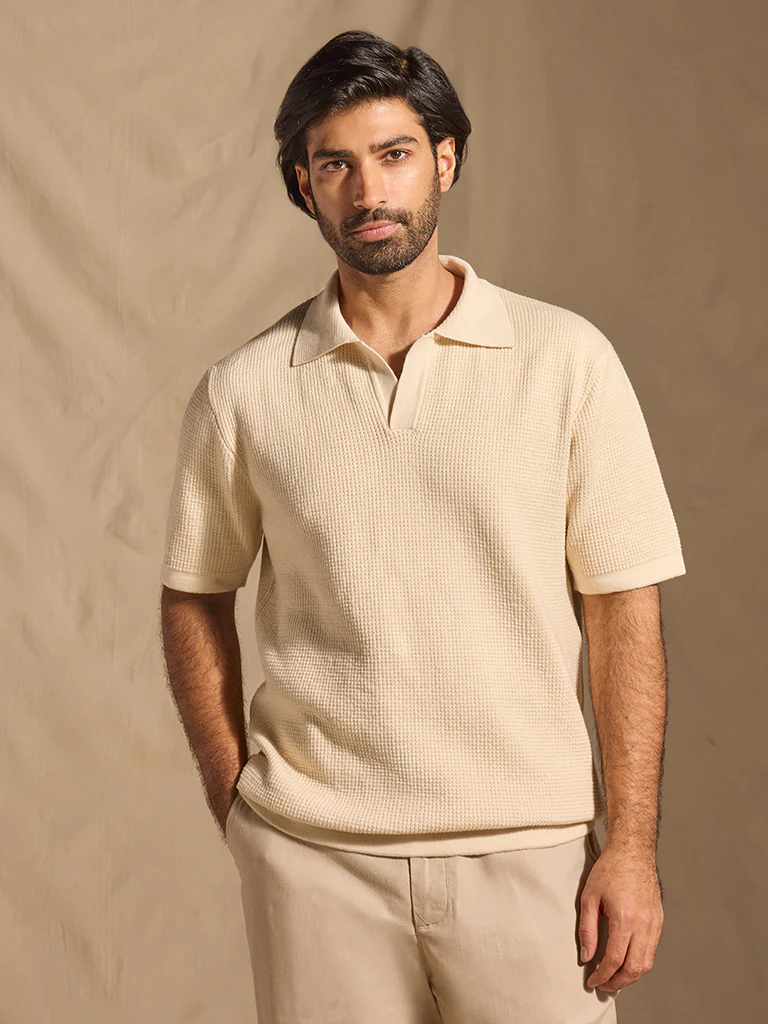 Popcorn Textured Polo T-Shirt - Cream - Image 2