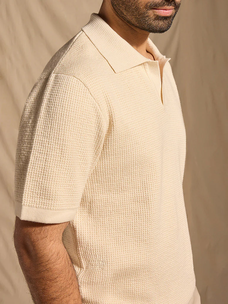 Popcorn Textured Polo T-Shirt - Cream - Image 3
