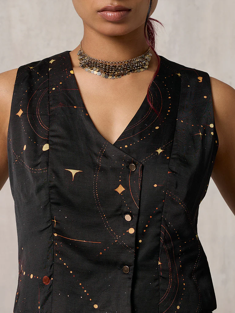 Printed Black Waist Coat - Image 3