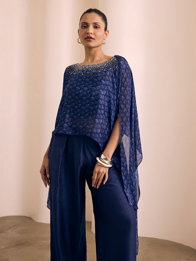 Printed Cape Top with Bustier - Navy - Image 2