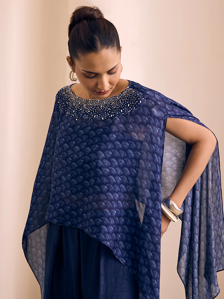 Printed Cape Top with Bustier - Navy - Image 3
