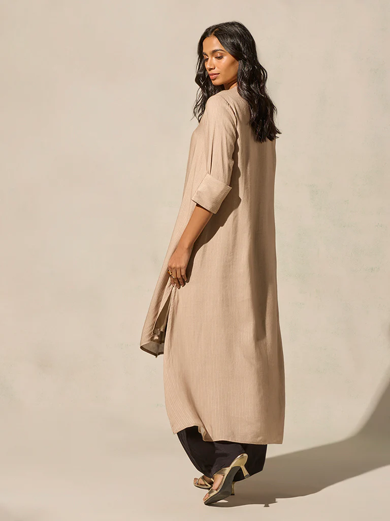 Printed High-Low Kurta - Beige - Image 4