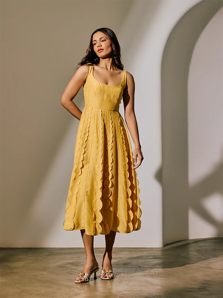 Scalloped Midi Dress - Yellow - Image 2