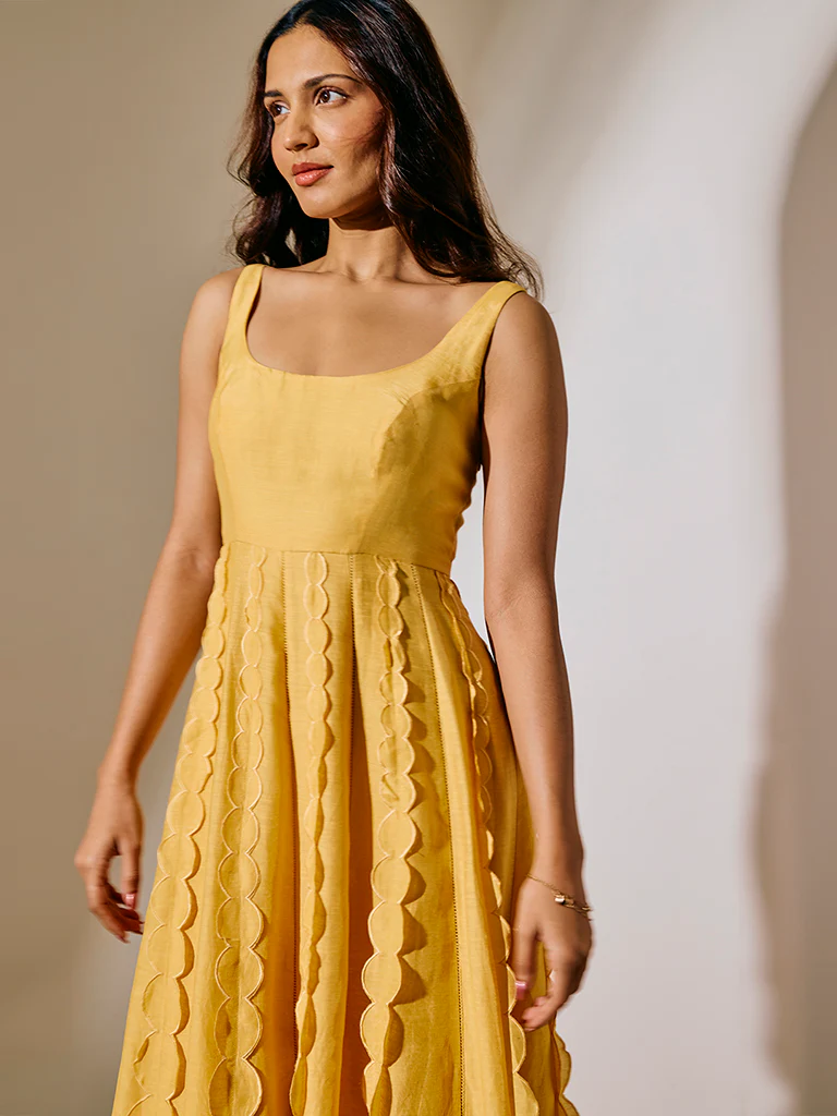 Scalloped Midi Dress - Yellow - Image 3