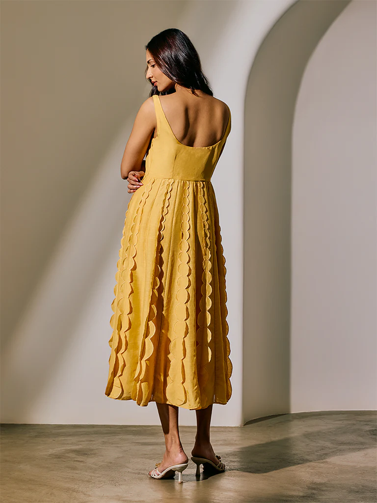 Scalloped Midi Dress - Yellow - Image 4