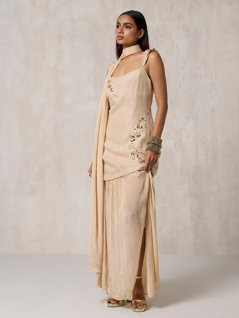 Sheer Gold Dress with Dupatta - Image 2
