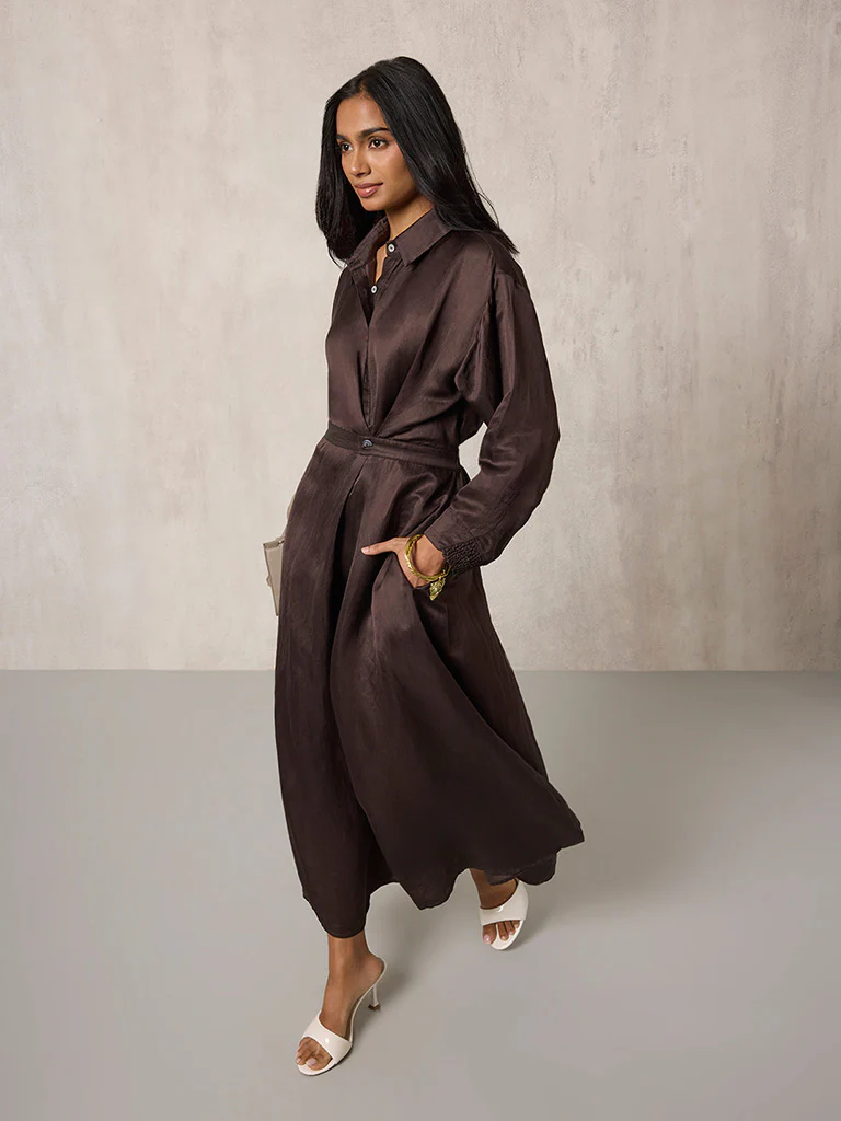 Solid Brown Shirt Dress - Image 2