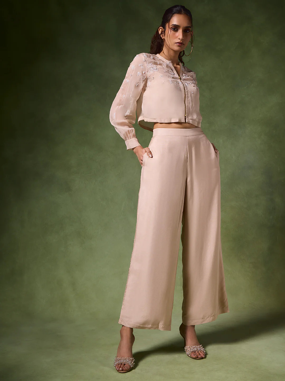 Wide-Leg Solid Pants - Beige - Image 2