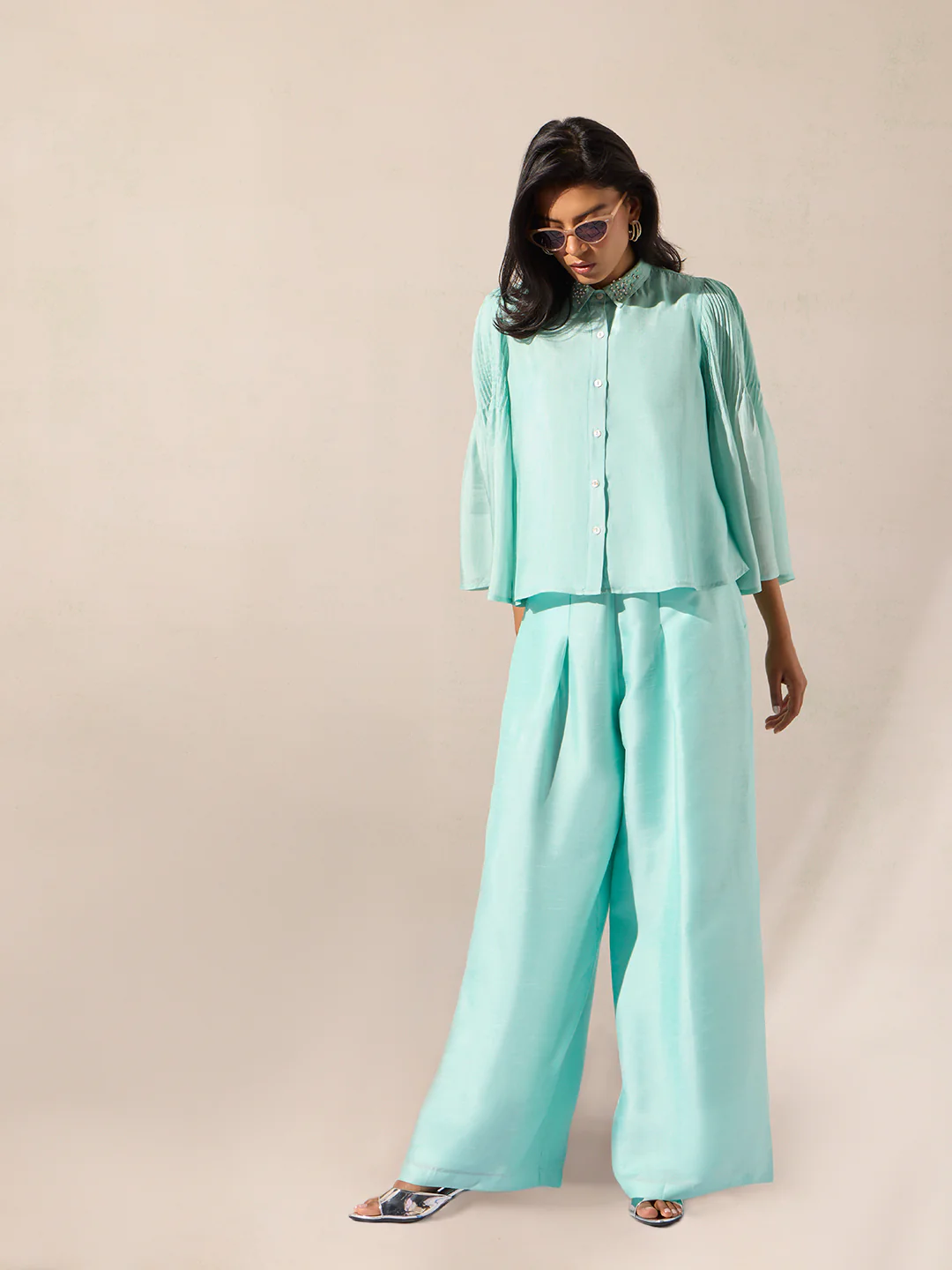 Wide-Leg Solid Pants - Blue - Image 2