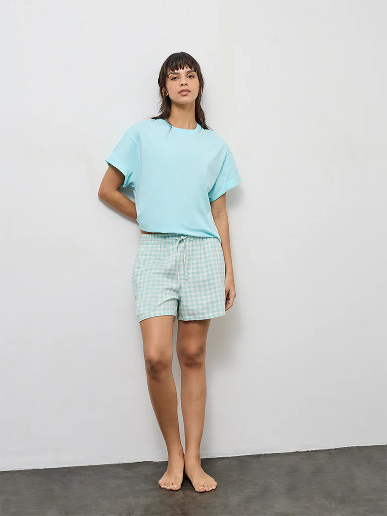 Wunderlove Aqua Gingham Checkered High-Rise Cotton Shorts