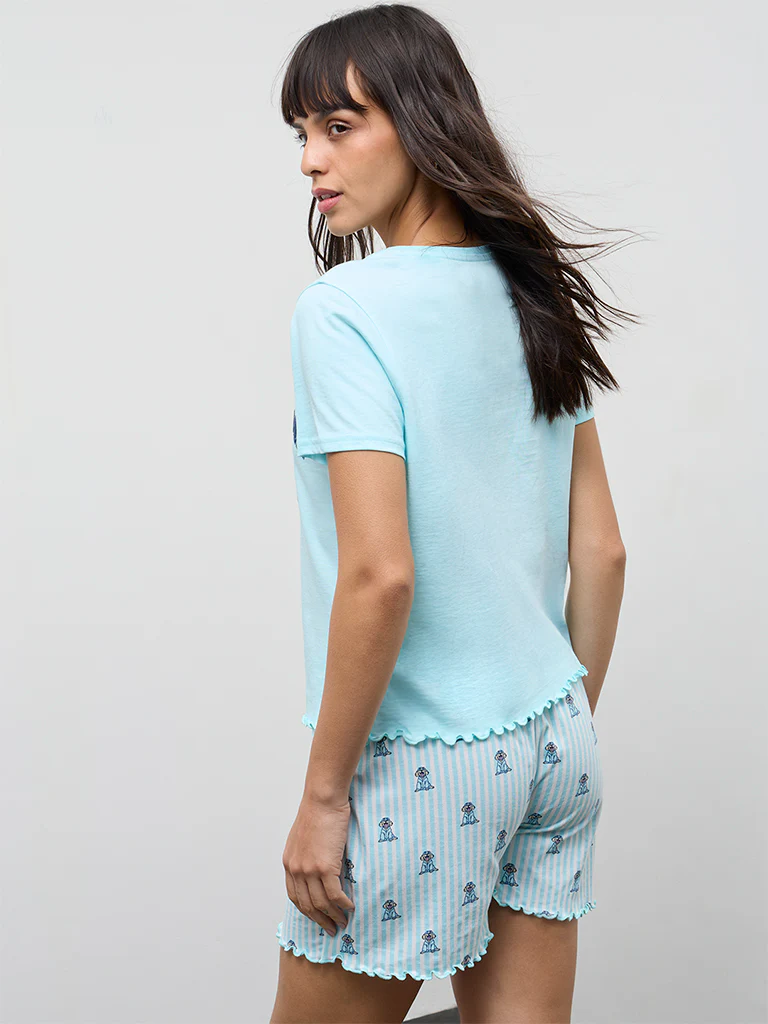 Wunderlove Aqua Graphic Printed Cotton T-Shirt and Shorts Set - Image 4