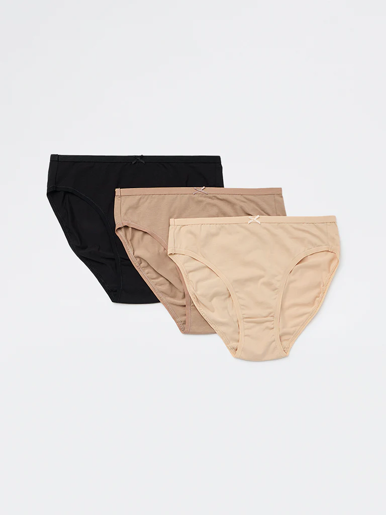 Wunderlove Beige Cotton-Blend Hi-Leg Briefs - Pack of 3