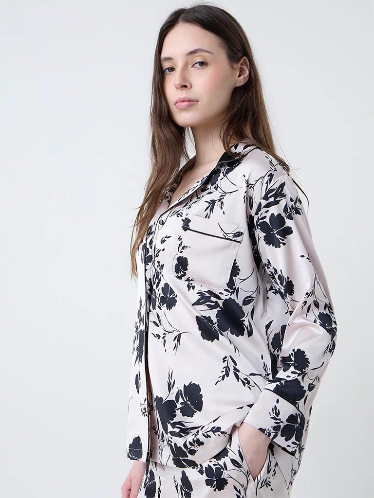 Wunderlove Beige Floral Design Satin Shirt and Pyjamas Set - Image 3