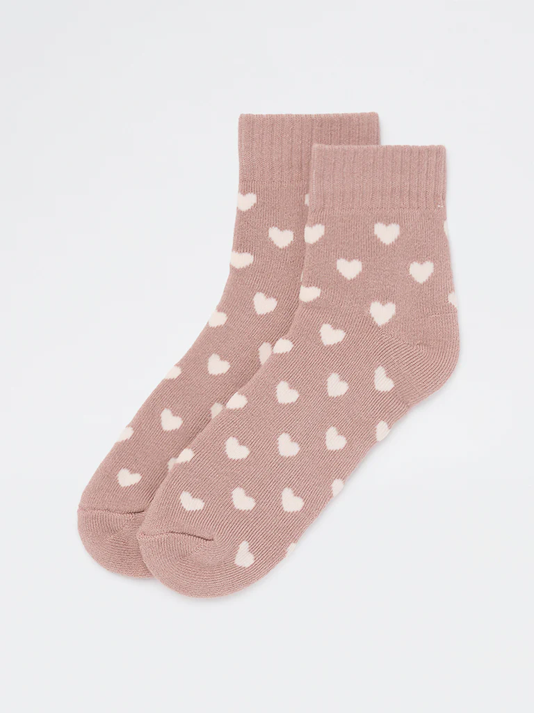 Wunderlove Beige Heart-Printed Cotton-Blend Socks - Image 2