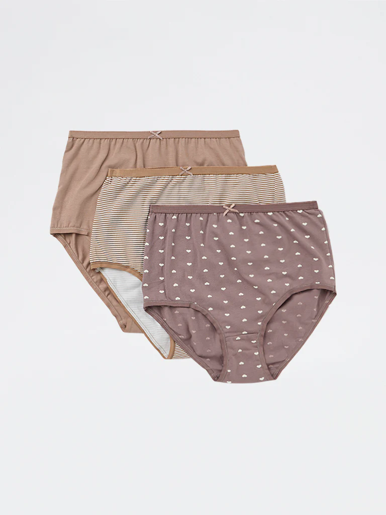 Wunderlove Beige Printed Cotton-Blend Full Briefs - Pack of 3 - Image 2
