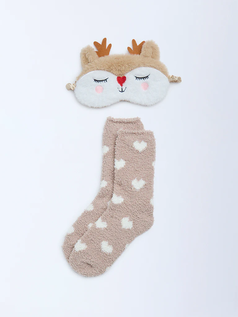 Wunderlove Beige Printed Socks and Eye Mask Set - Image 2