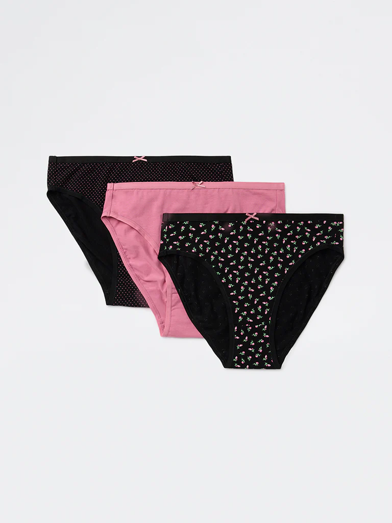 Wunderlove Black Cotton-Blend Hi-Leg Briefs - Pack of 3 - Image 2