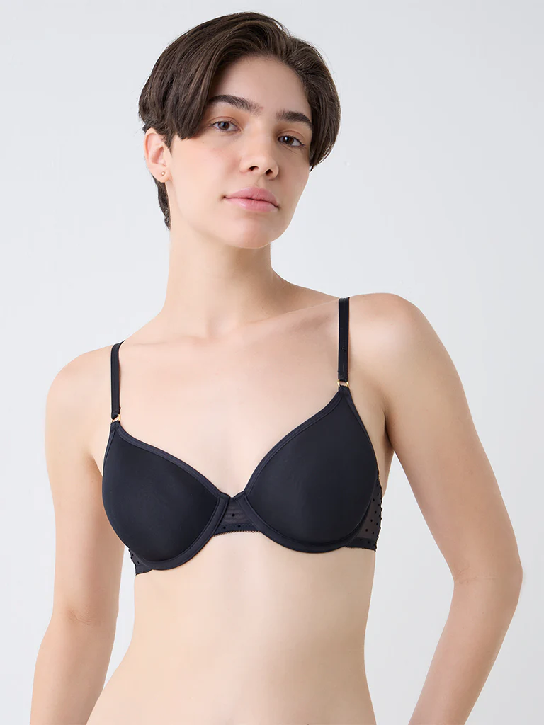 Wunderlove Black Dotted Underwired Mesh Bra - Image 2