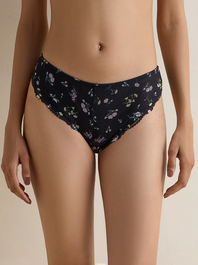 Wunderlove Black Floral Printed Brazilian Briefs - Image 2