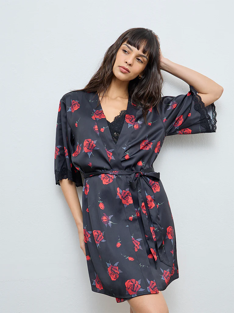 Wunderlove Black Floral Robe with Belt - Image 2