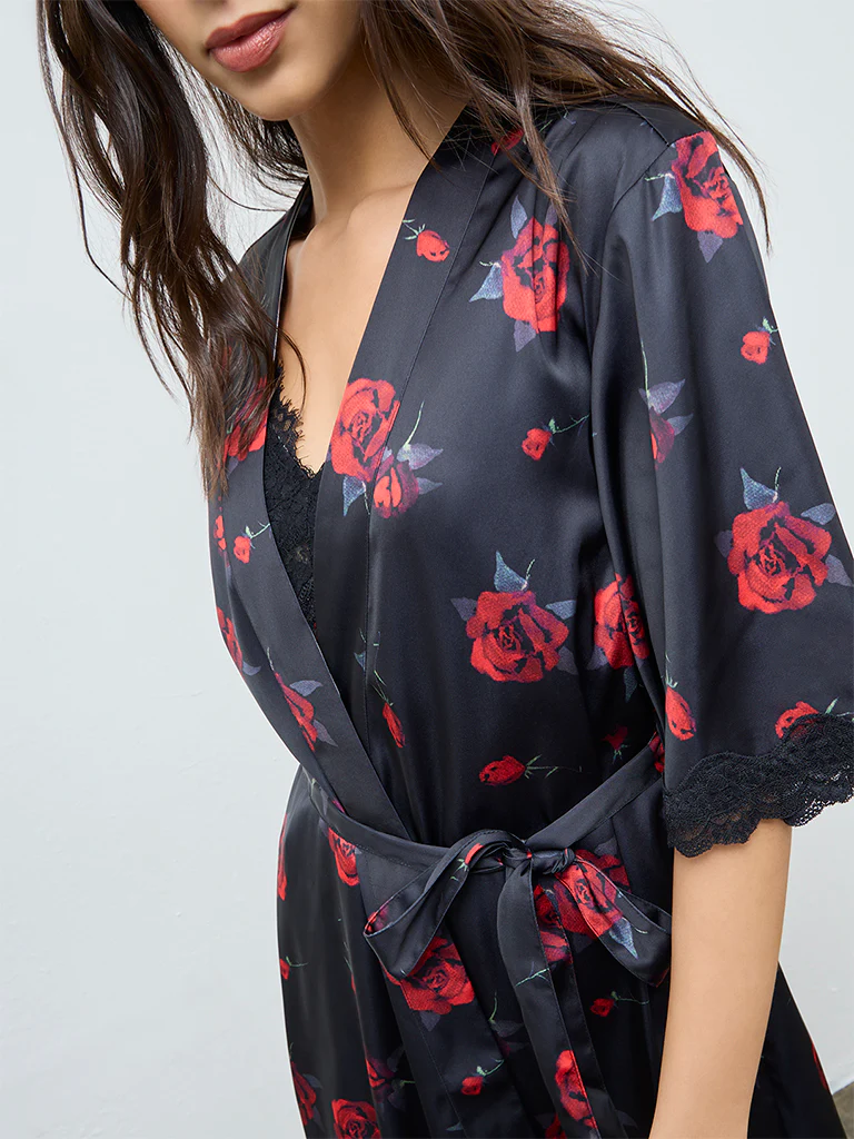 Wunderlove Black Floral Robe with Belt - Image 3