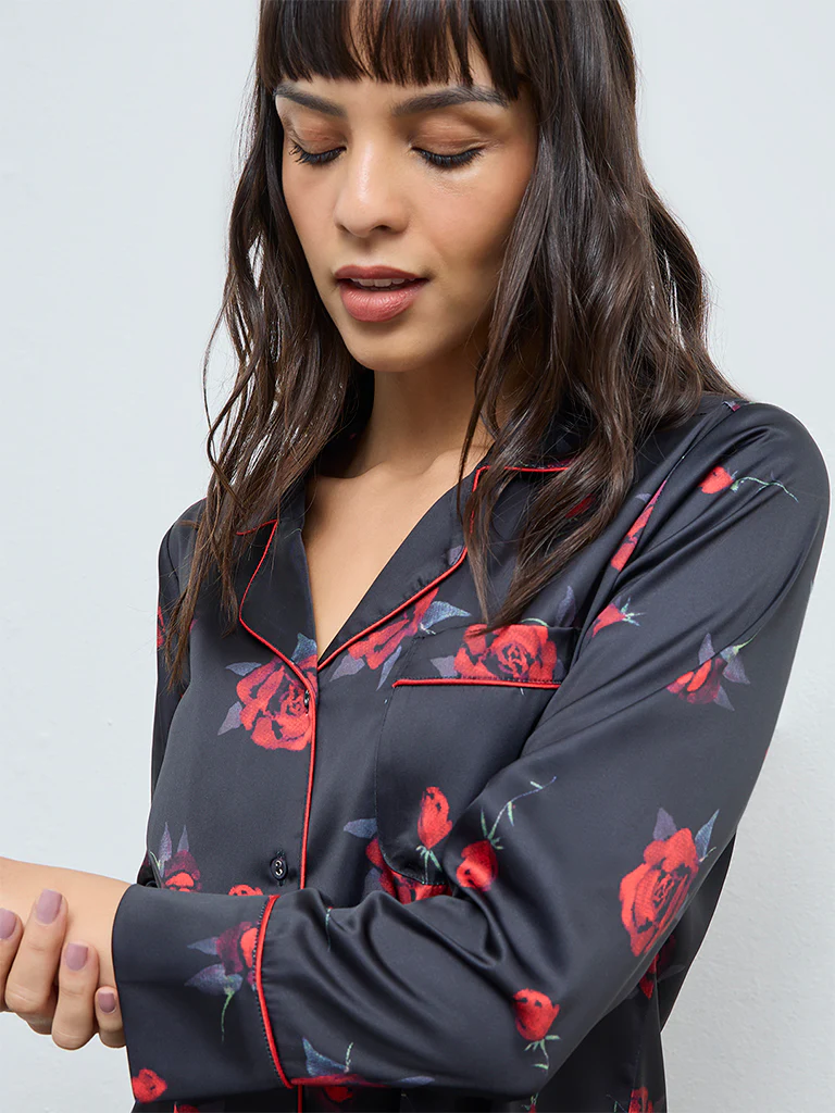 Wunderlove Black Floral Shirt and Pyjamas Set - Image 3