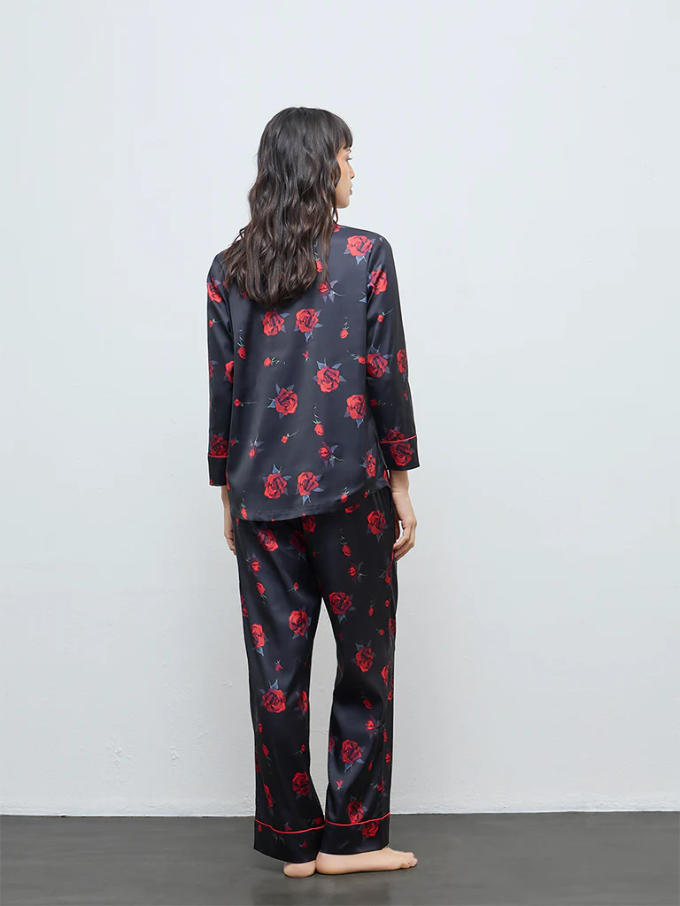 Wunderlove Black Floral Shirt and Pyjamas Set - Image 4