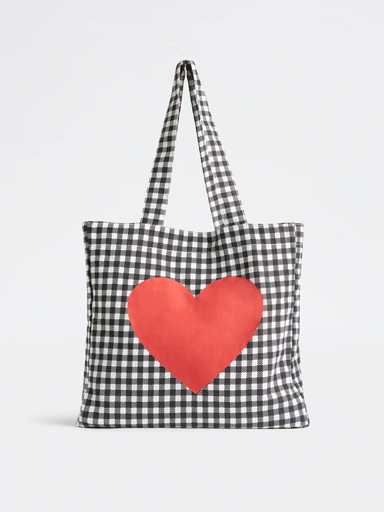 Wunderlove Black Gingham Checkered Canvas Tote Bag