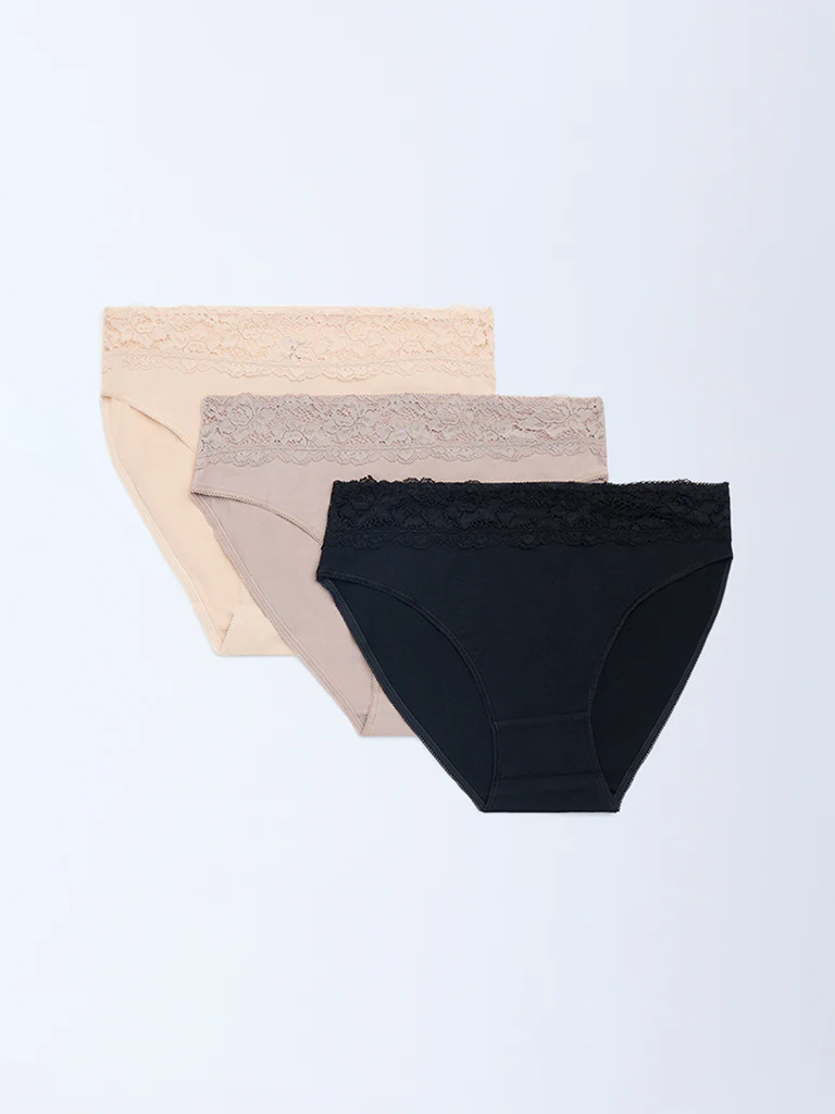 Wunderlove Black Hi-Leg Cotton-Blend Briefs - Pack of 3
