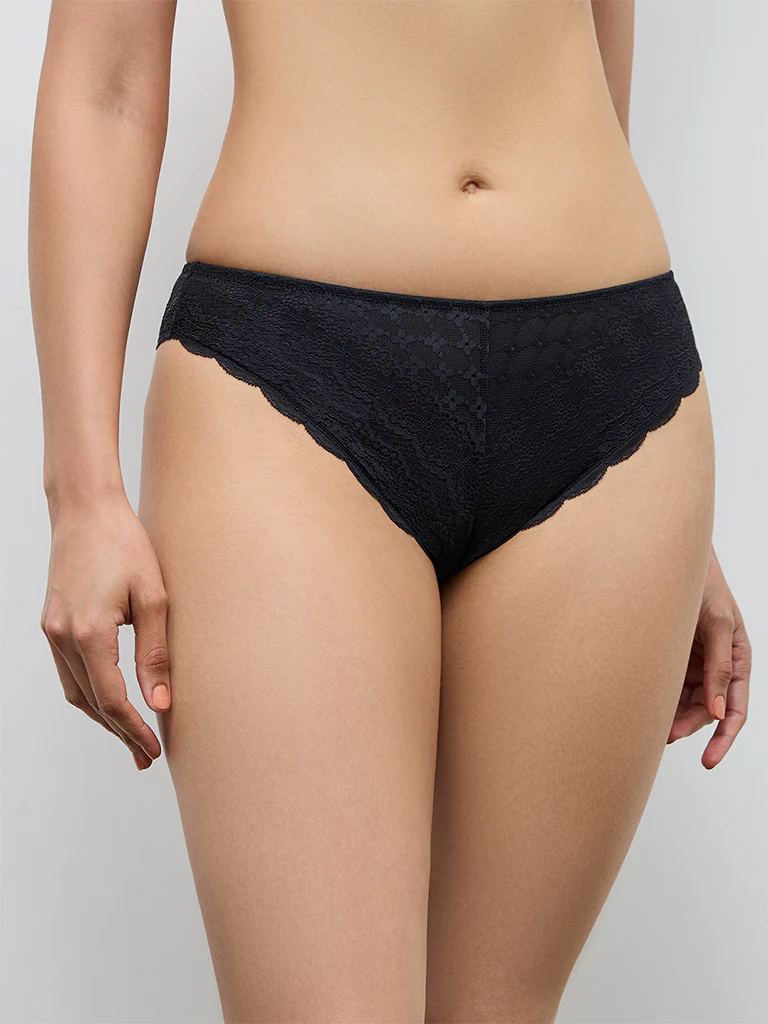 Wunderlove Black Lace-Detailed Brazilian Briefs - Image 2