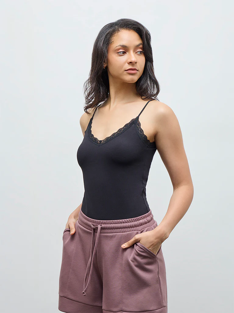 Wunderlove Black Lace-Detailed Cotton-Blend Camisole